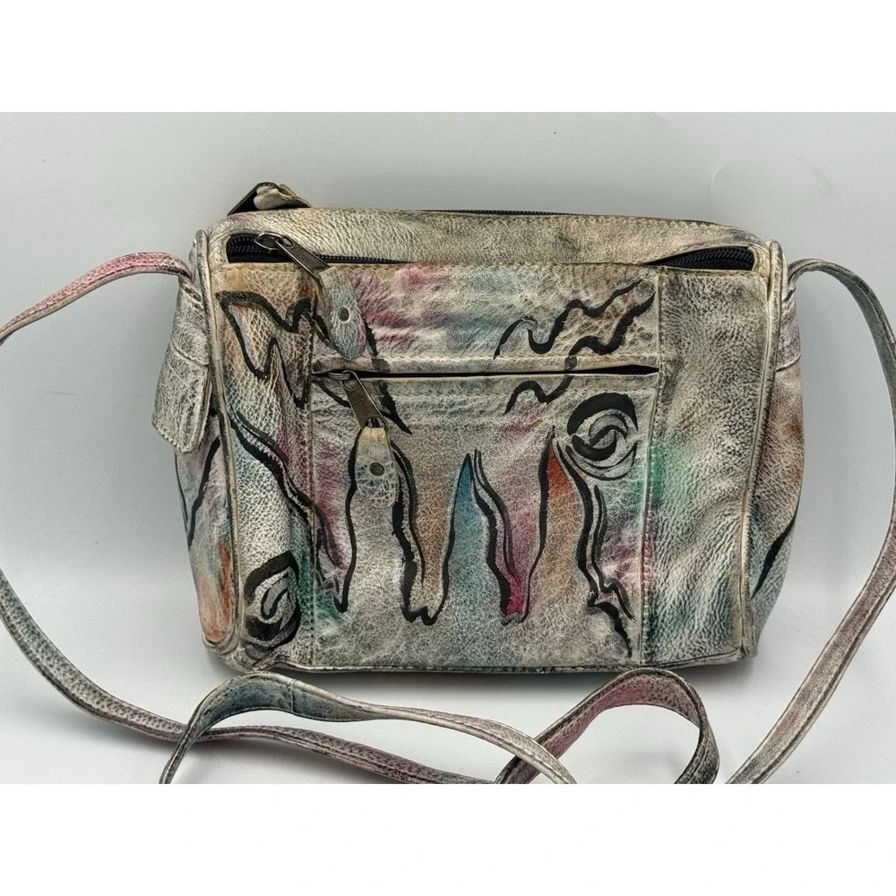 Vintage Botary Abstract Art Leather Crossbody Bag Hand Painted Pockets 90's